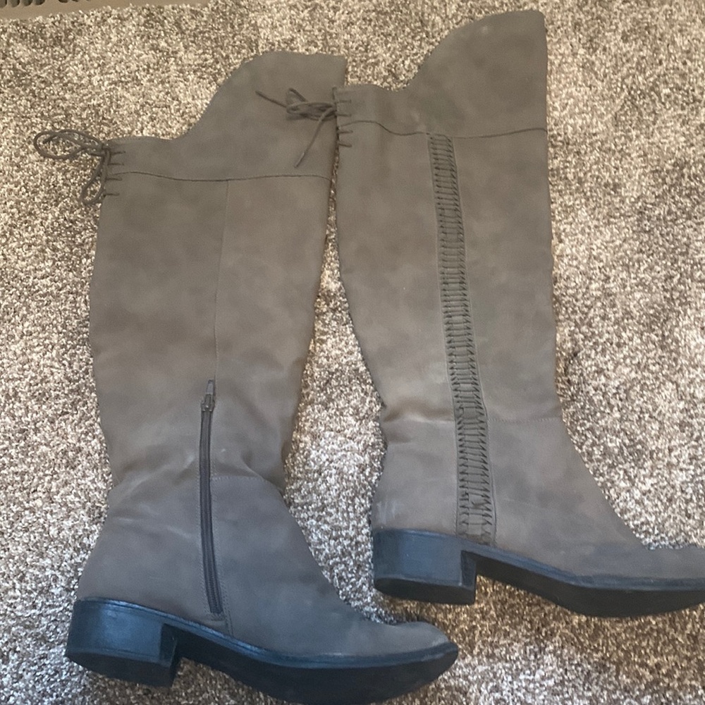 Grey knee high boots